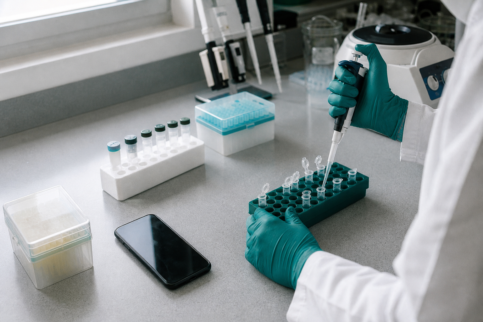 A researcher recording a pipetting step at a wet-lab bench